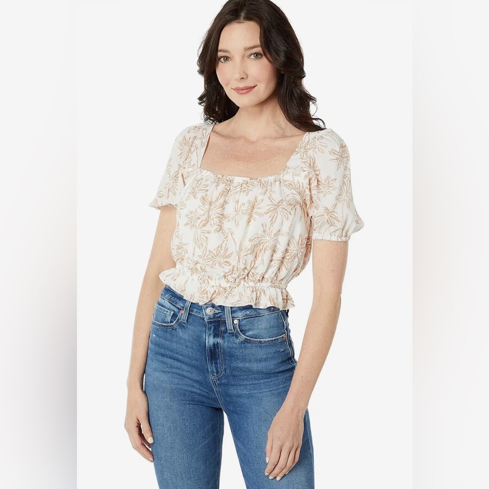 1. State Cream & Brown Short Sleeve Square Neck Crop Top - Size Small